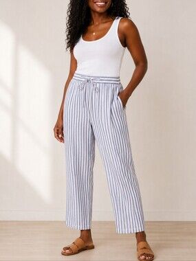 BeachLunchLounge Linen Blend Blue White Striped Tie Waist Pants XL Coastal
